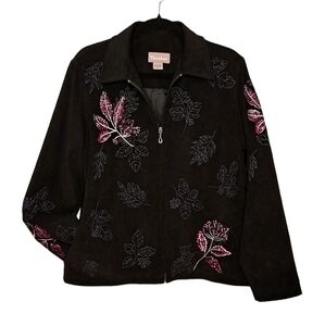 TANJAY • Zippered Collared Jacket • Floral Embroided • Suede Feel •Size 10 • EUC